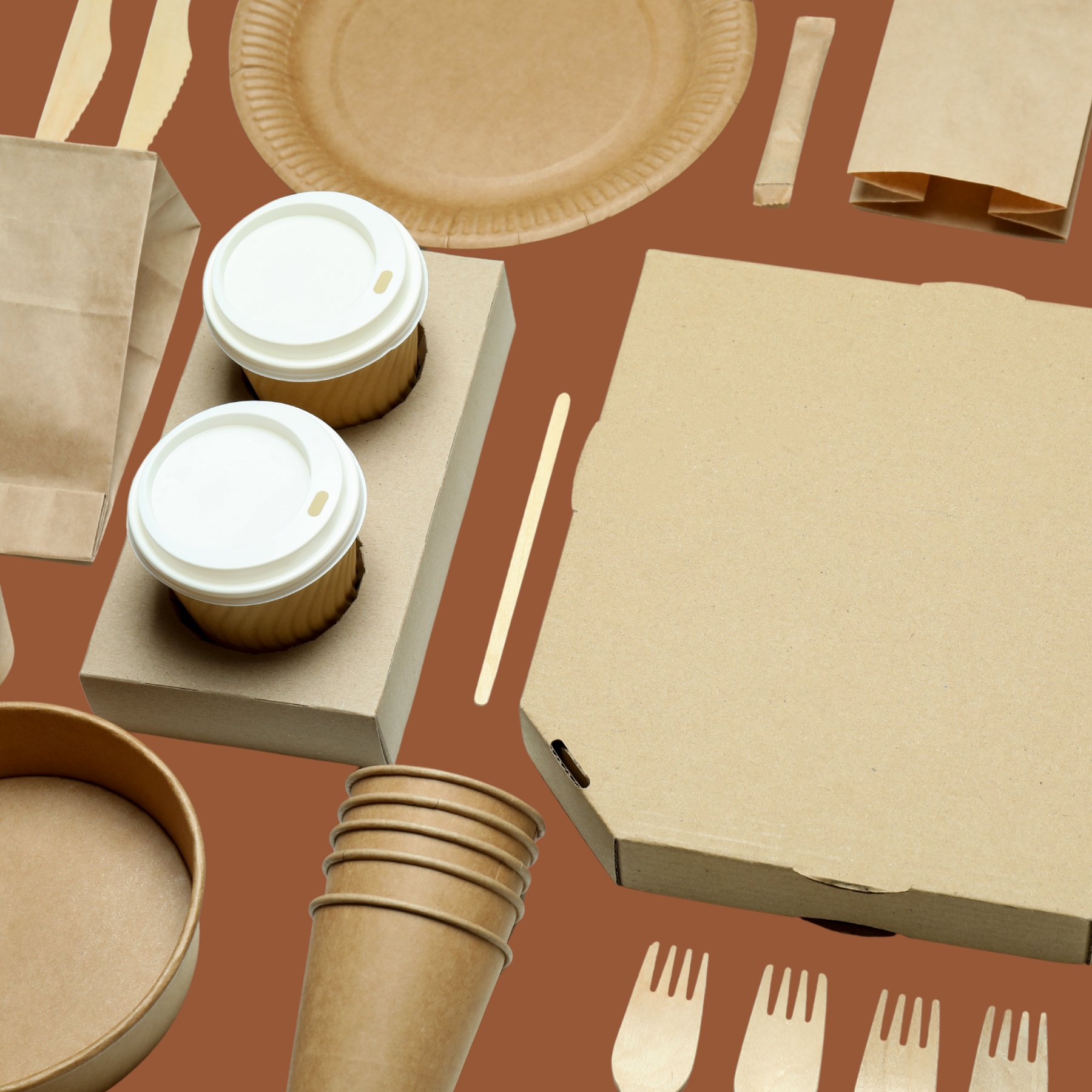 Kraft paper restaurant supplies — cups, pizza box, plates, bags, and utensils